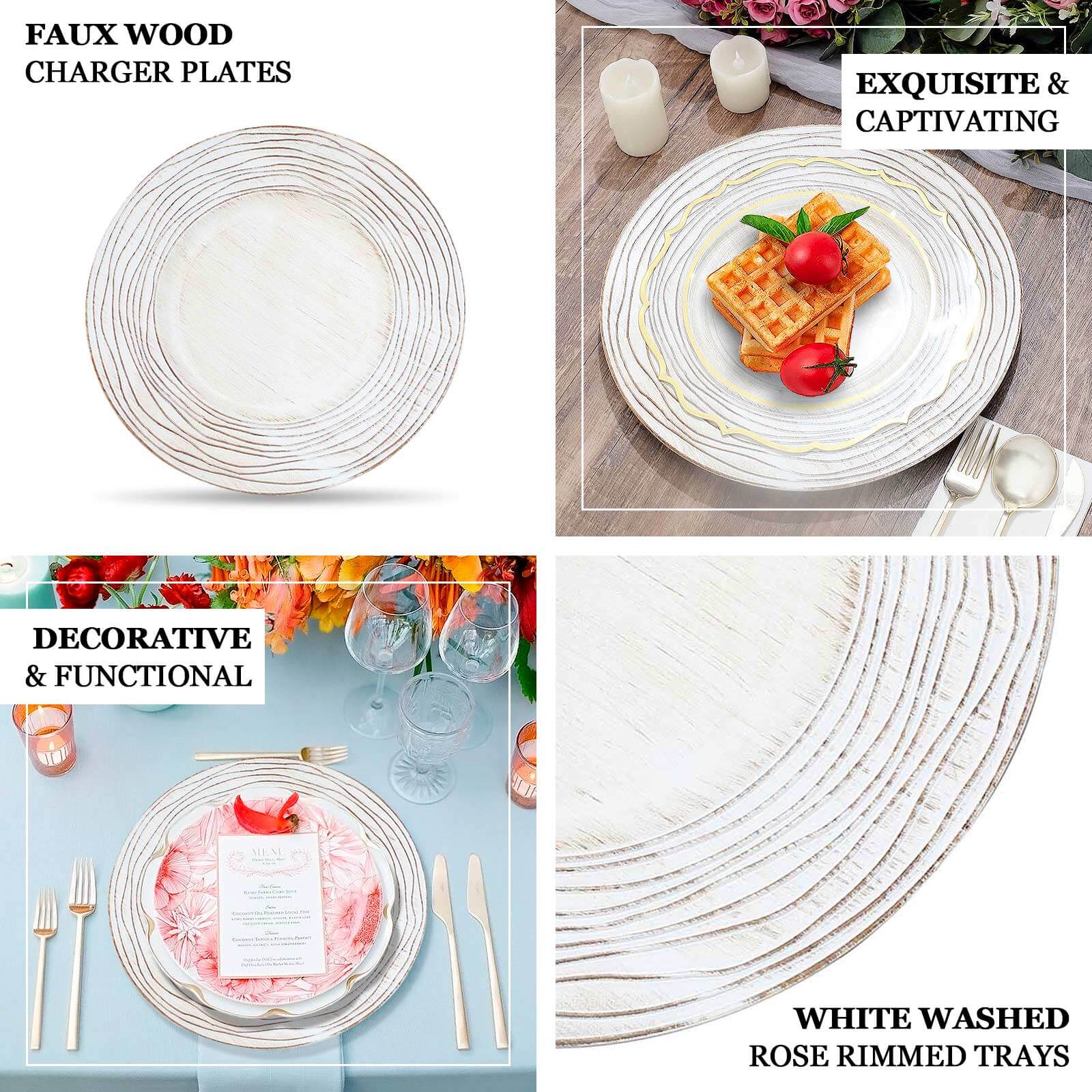6-Pack Faux Wood Charger Plates 13" Round White Washed Rose Embossed Rim - Disposable Plastic Charger Tableware