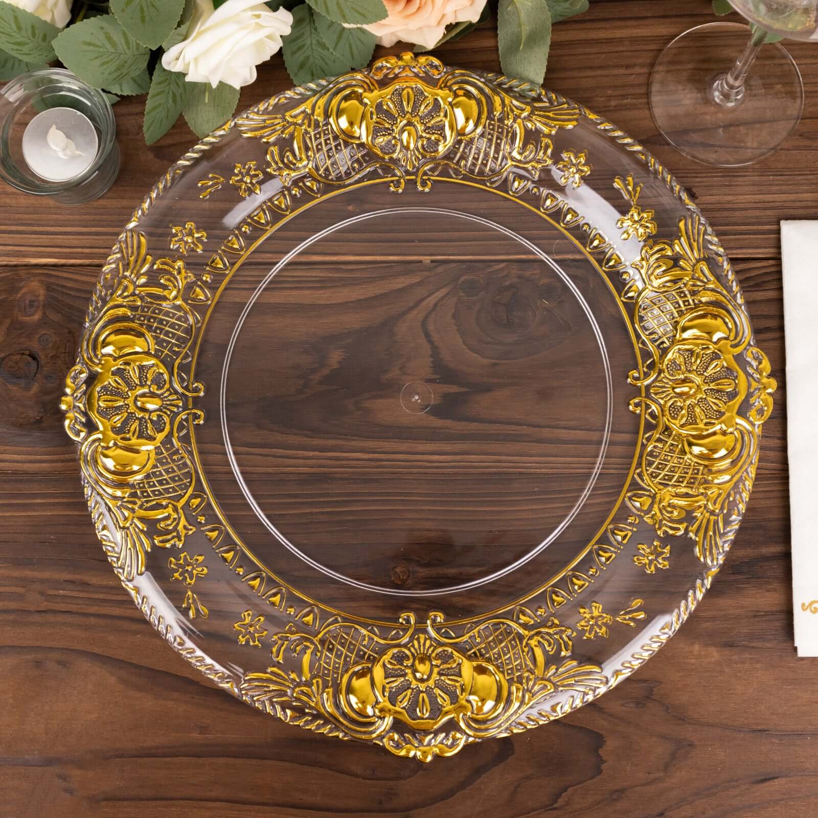 6-Pack Plastic Charger Plates 13" Round Clear with Gold Florentine Embossed Rim - Exquisite Dinner Serving Plates