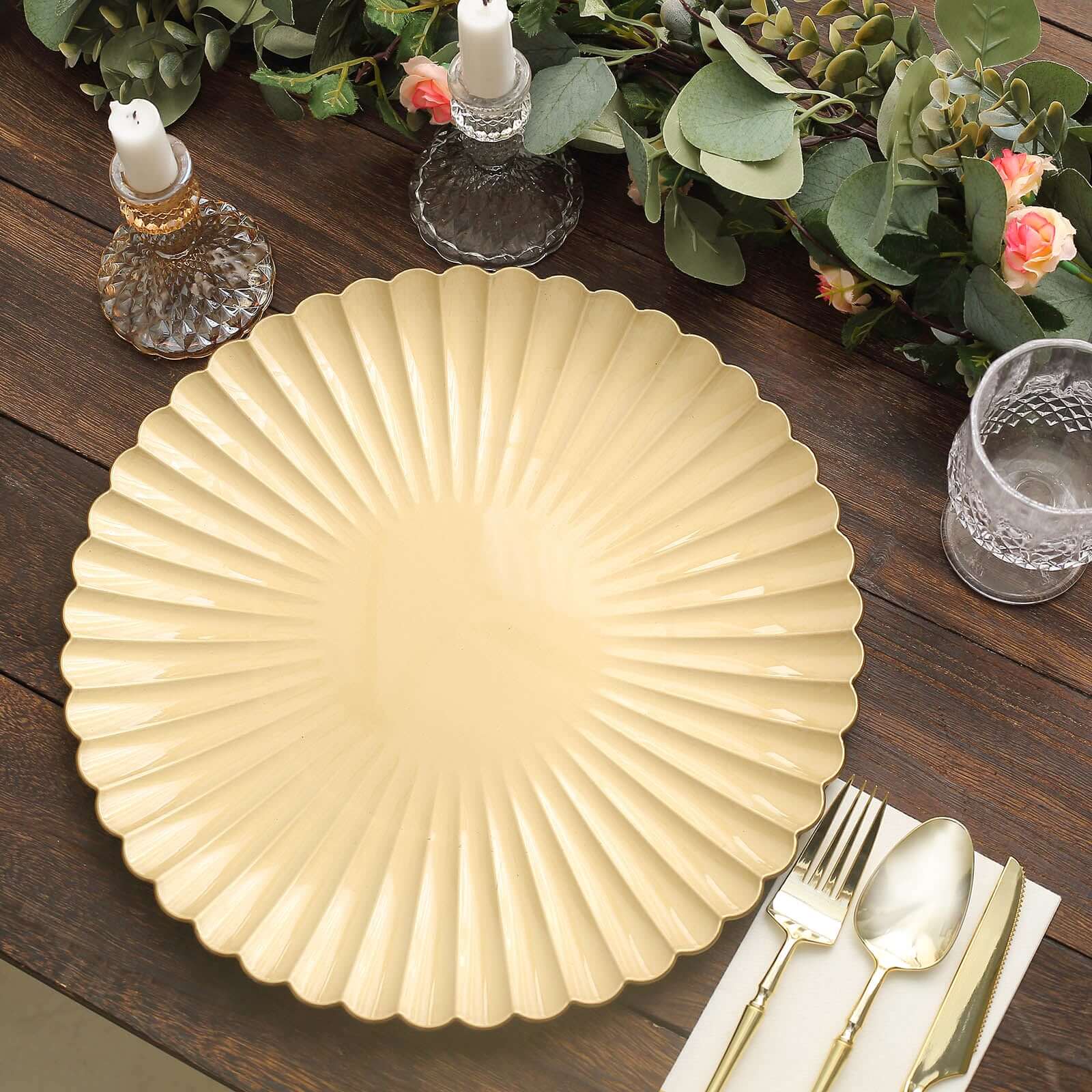 6-Pack Plastic Charger Plates 13" Round Gold with Scalloped Shell Pattern - Coastal Inspired Disposable Charger Tableware