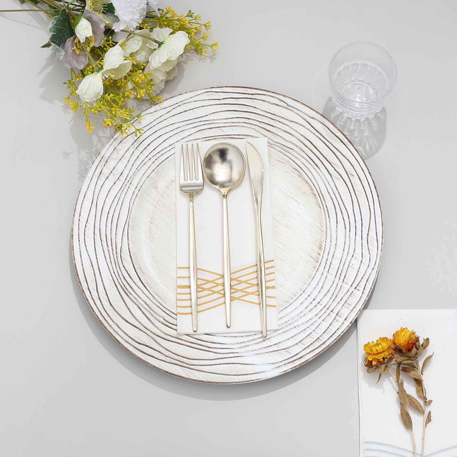 6-Pack Faux Wood Charger Plates 13" Round White Washed Rose Embossed Rim - Disposable Plastic Charger Tableware