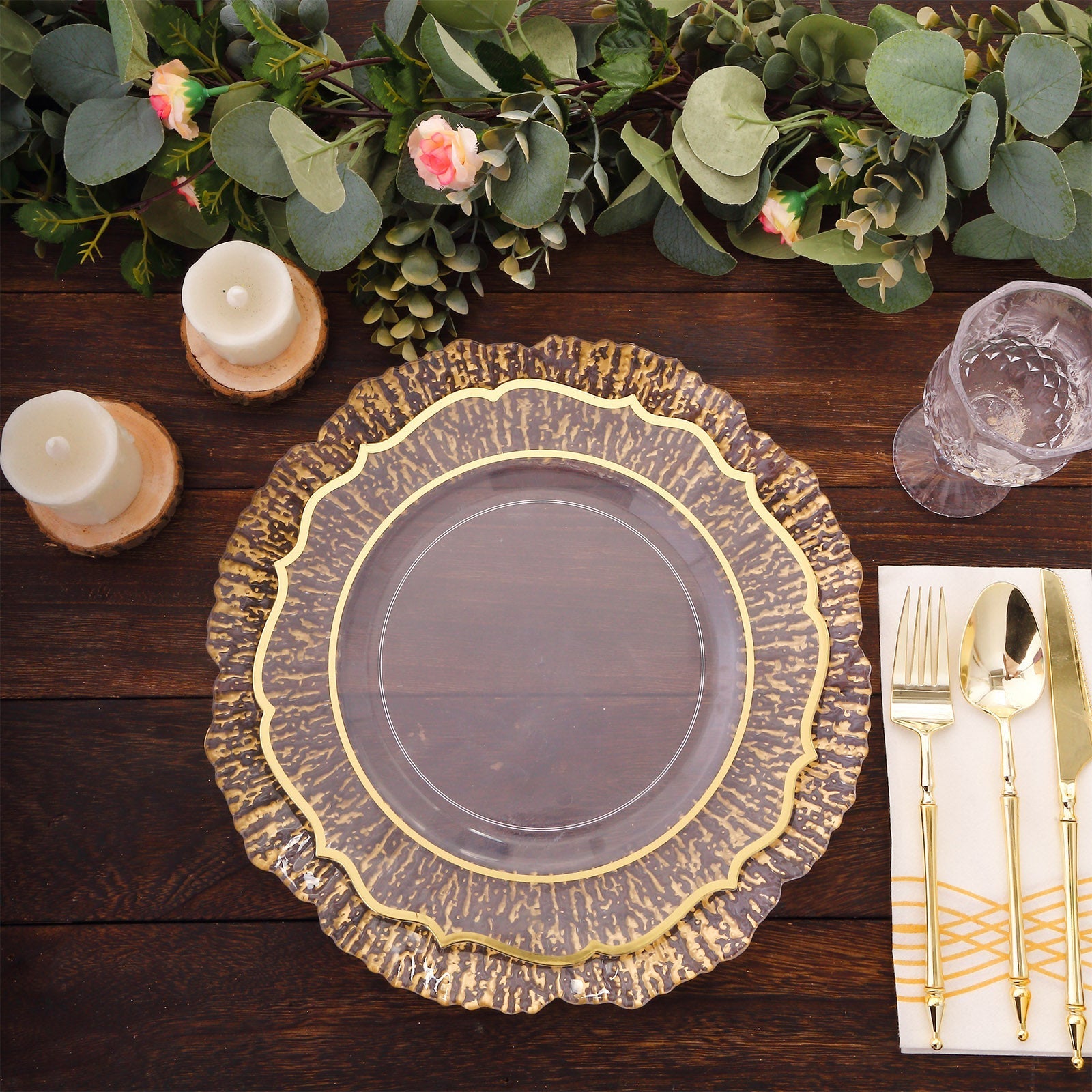 6-Pack Plastic Charger Plates 12", Round Clear with Gold Brushed Scalloped Reef Rim - Decorative Dinner Party Serving Plates