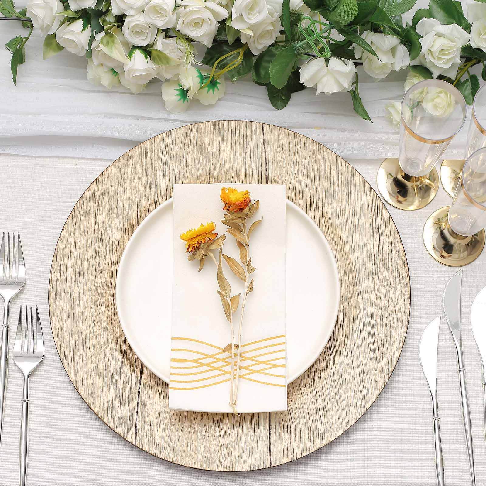 6-Pack Plastic Charger Plates 13" Round Natural with Faux Wood Finish - Rustic Boho Chic Dinner Party Charger Tableware