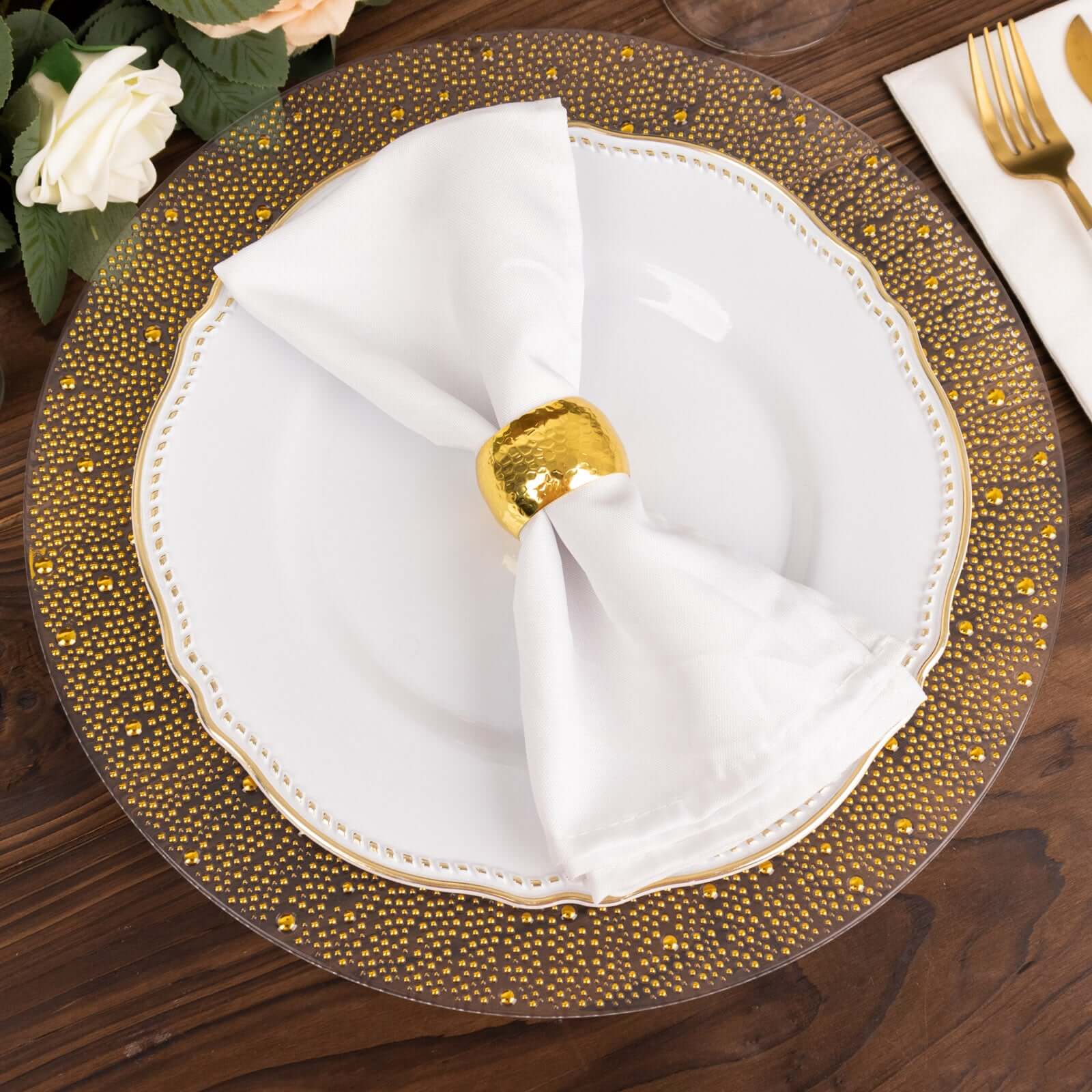 6-Pack Plastic Charger Plates 13" Round Clear with Gold Pearl Beaded Rim - Upscale Dinner Serving Plates