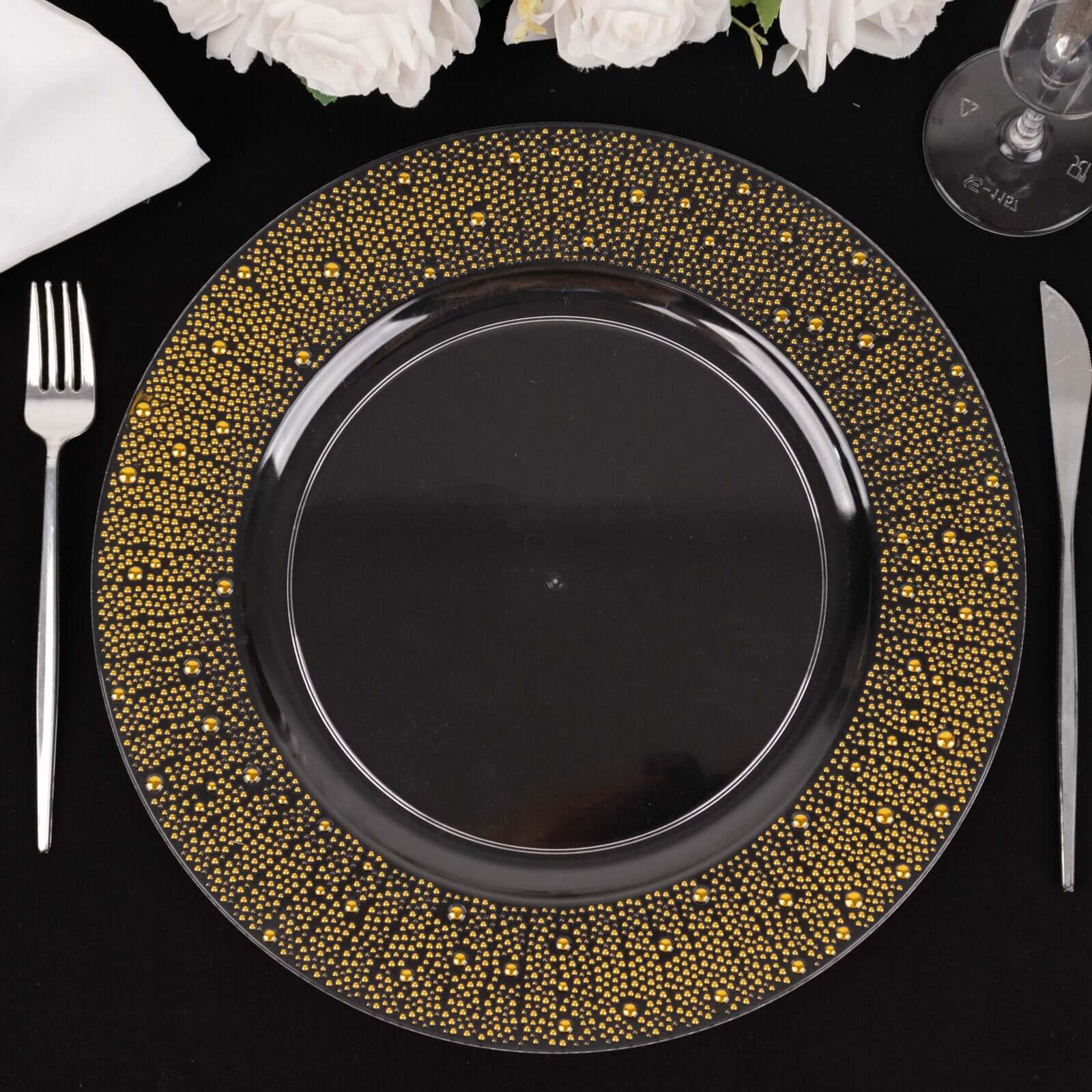 6-Pack Plastic Charger Plates 13" Round Clear with Gold Pearl Beaded Rim - Upscale Dinner Serving Plates