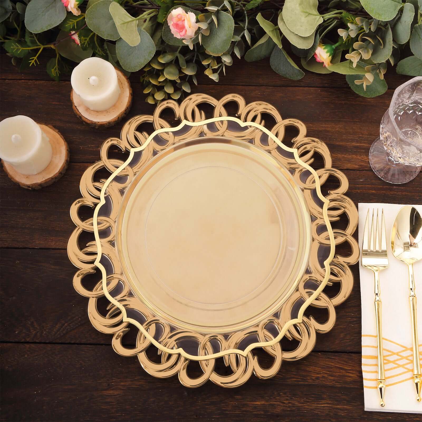 6-Pack Plastic Charger Plates 13" Round Gold with Entwined Swirl Rim - Plastic Disposable Decorative Chargers
