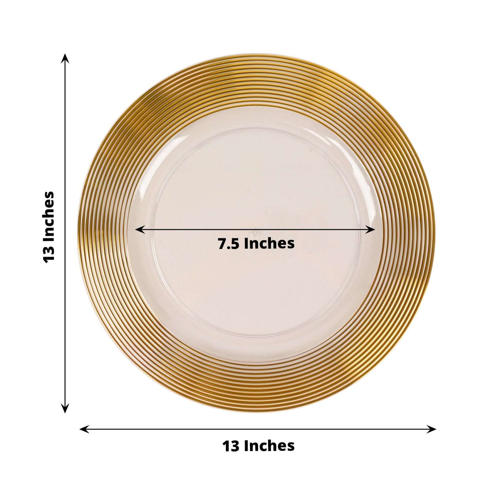 6-Pack Plastic Charger Plates 13" Round Clear with Gold Lined Ring Rim - Classy Dinner Serving Plates