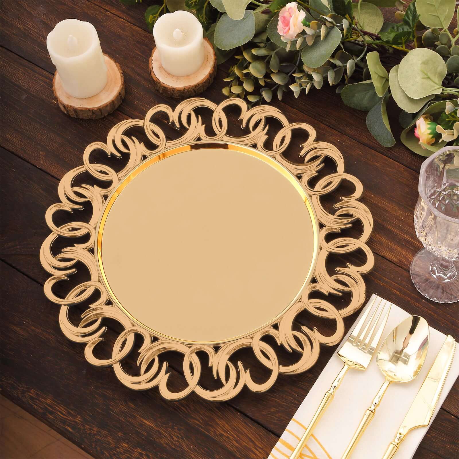 6-Pack Plastic Charger Plates 13" Round Gold with Entwined Swirl Rim - Plastic Disposable Decorative Chargers