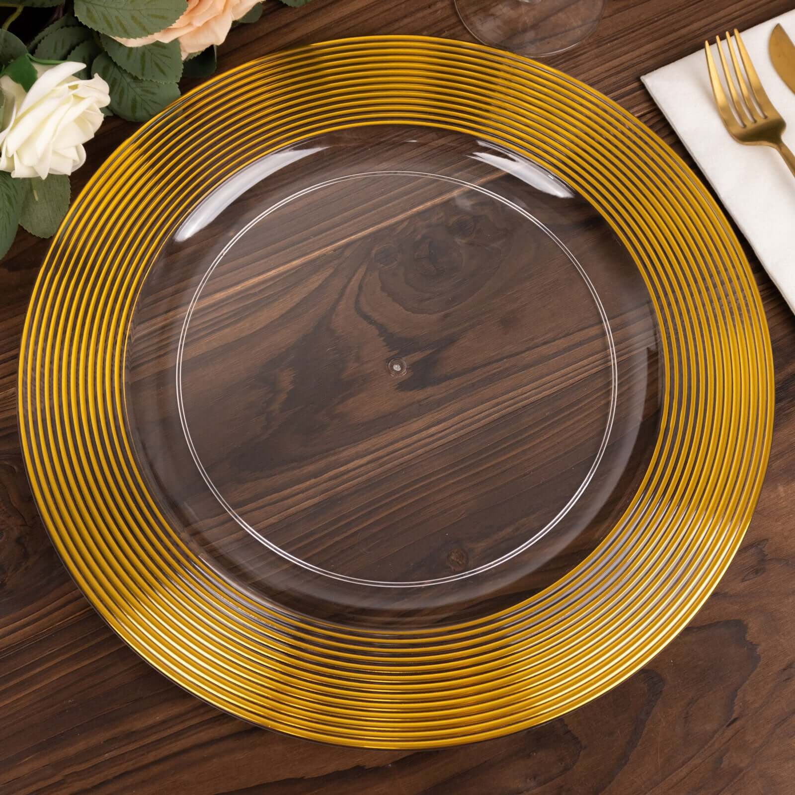 6-Pack Plastic Charger Plates 13" Round Clear with Gold Lined Ring Rim - Classy Dinner Serving Plates